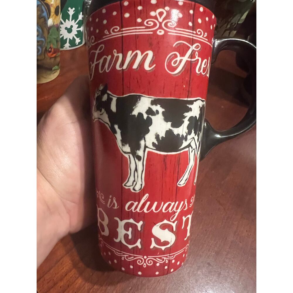Cypress Home "Farm Fresh is Always Best: Travel Mug Coffee Cup Red with Cow